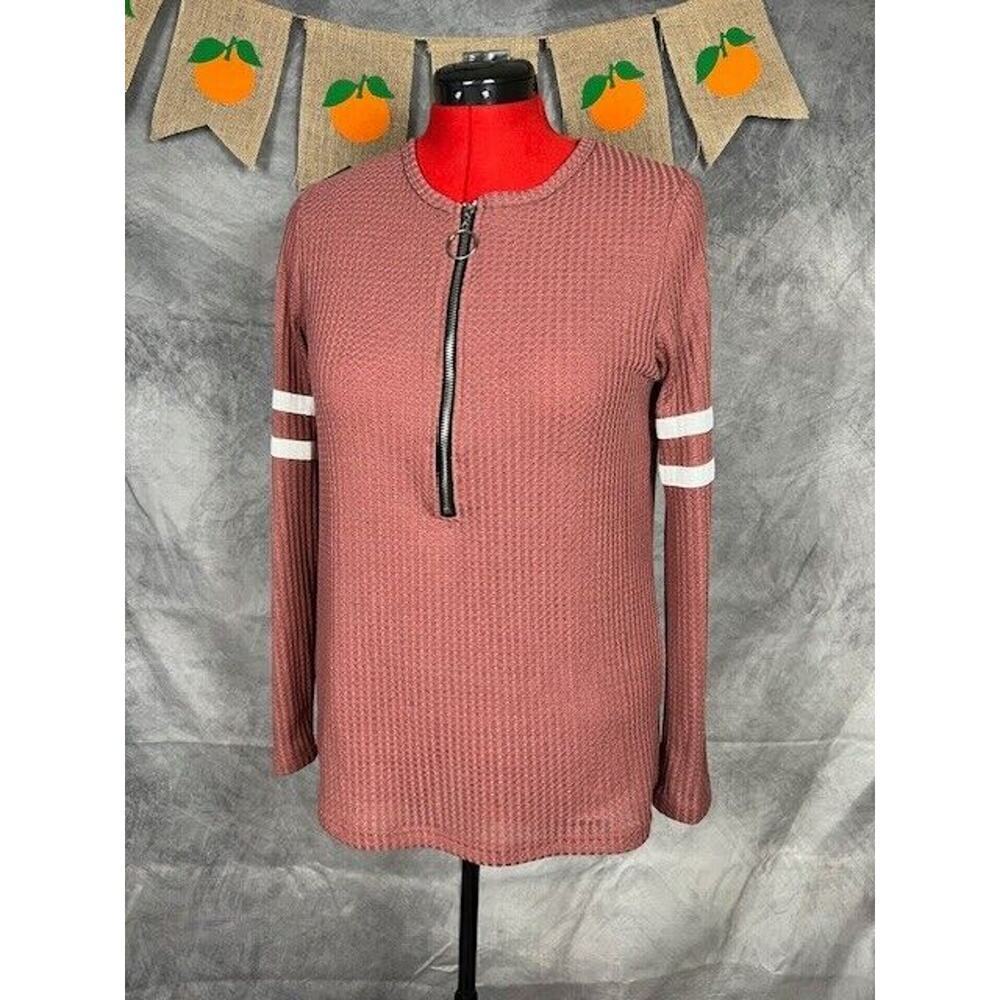 Women's Maroon Long Sleeve Stripe Detail Zip Waffle Top Size XXL